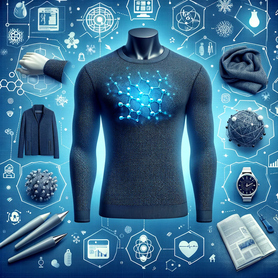 The images showcasing the use of graphene in smart textiles and wearable technology have been created. They illustrate how graphene is integrated into clothing and accessories, adding functionalities like temperature regulation, health monitoring, and energy harvesting, and highlighting its potential in fashion, health, and technology. 