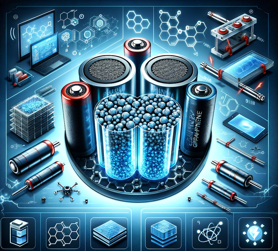 The images highlighting the application of graphene in energy storage solutions, particularly in next-generation batteries and supercapacitors, have been created. They illustrate how graphene enhances the capacity, efficiency, and charging speed of these devices, representing the breakthroughs in energy technology enabled by graphene.