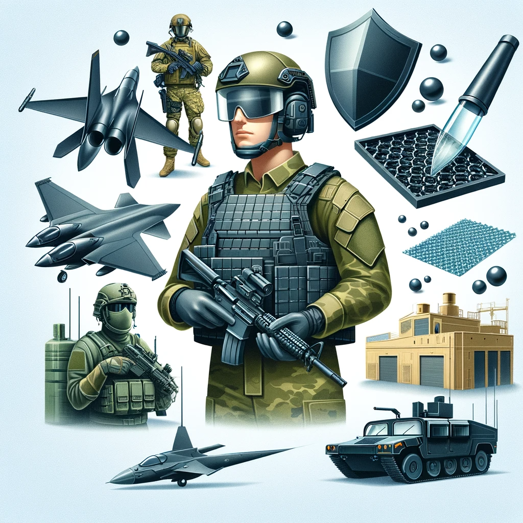 The images highlighting the use of graphene in military applications, including personal protection and advanced weaponry, have been created. They depict graphene's incorporation in body armor, helmets, and land, sea, and air military equipment, enhancing performance and durability. 