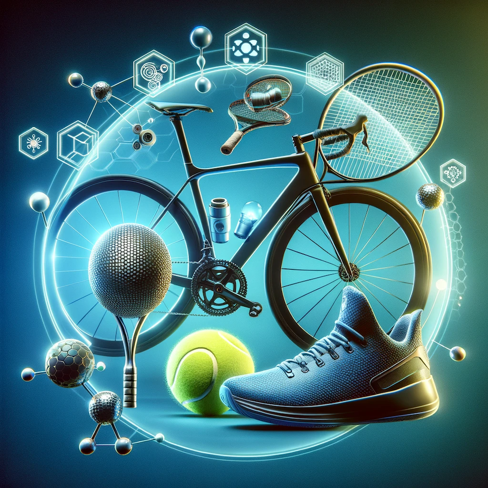 The images demonstrating the application of graphene in high-performance sports equipment have been created. They highlight how graphene enhances sports gear like bicycles, tennis rackets, and athletic footwear, improving efficiency and performance.