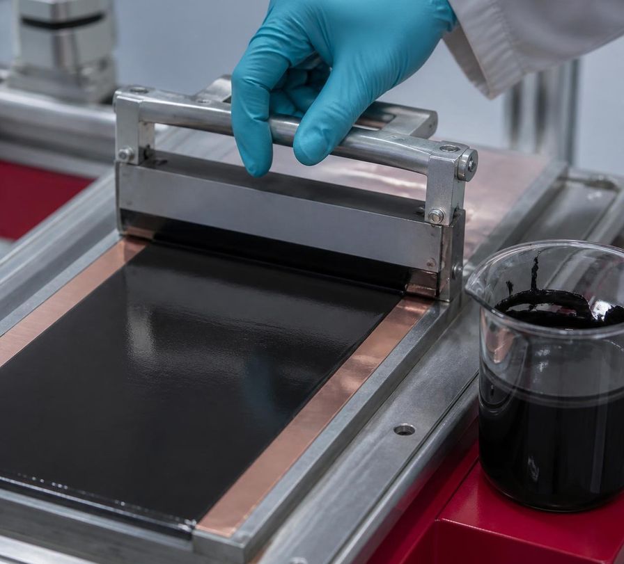 Electrode slurry being coated onto foil in a battery lab