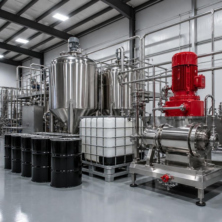 US graphene manufacturing floor with mixing tanks and drums