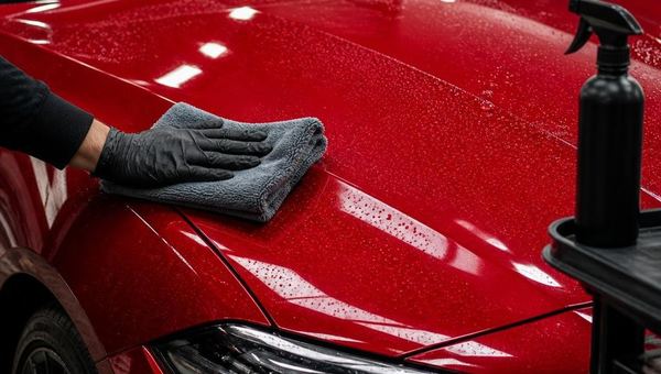Gloved hand detailing the paint of a red car