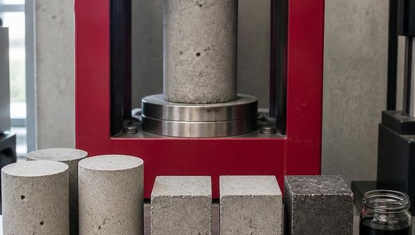 Concrete test cylinders beside a compression testing machine