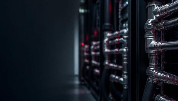Liquid-cooling pipework running along data center server racks