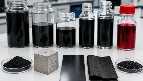 Jars of black graphene dispersion beside concrete, film and pellet samples