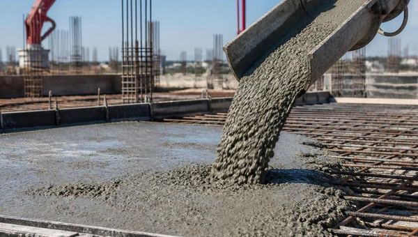 Concrete being poured over steel reinforcement on a construction site