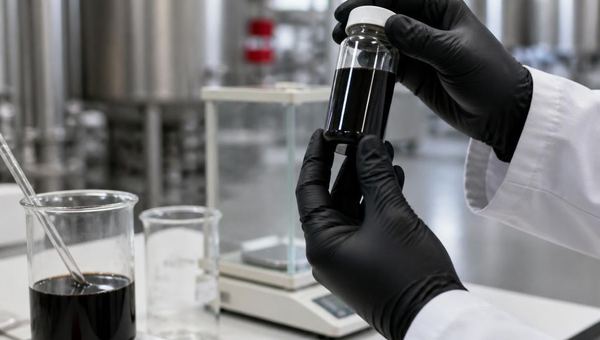 Gloved hands holding a vial of black graphene dispersion in a lab