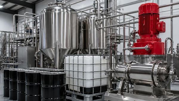 Graphene production floor with stainless tanks, drums and a red pump