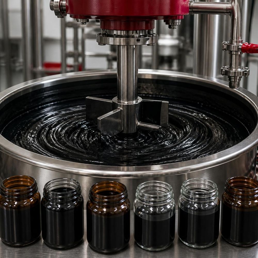 Stainless steel mixer blending black graphene dispersion, with sample jars in front