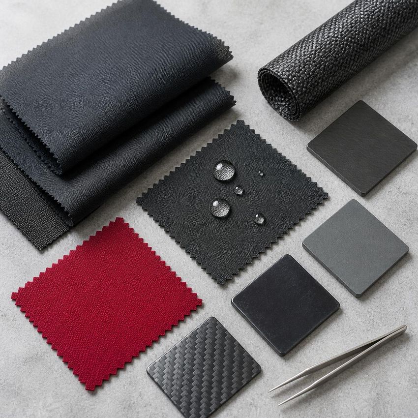 Dark fabric swatches, a red swatch and gray coated sample tiles, with water beading on one fabric