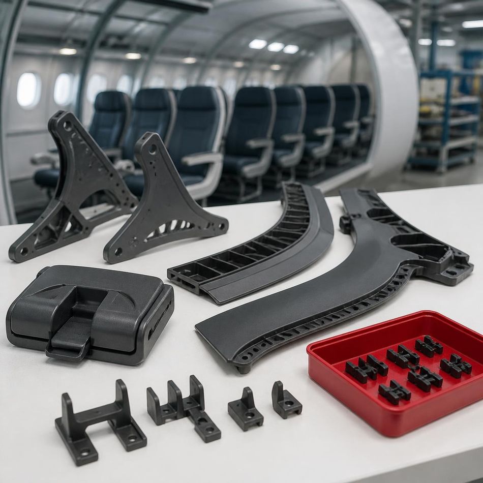 Black polymer parts and test pieces on a workbench