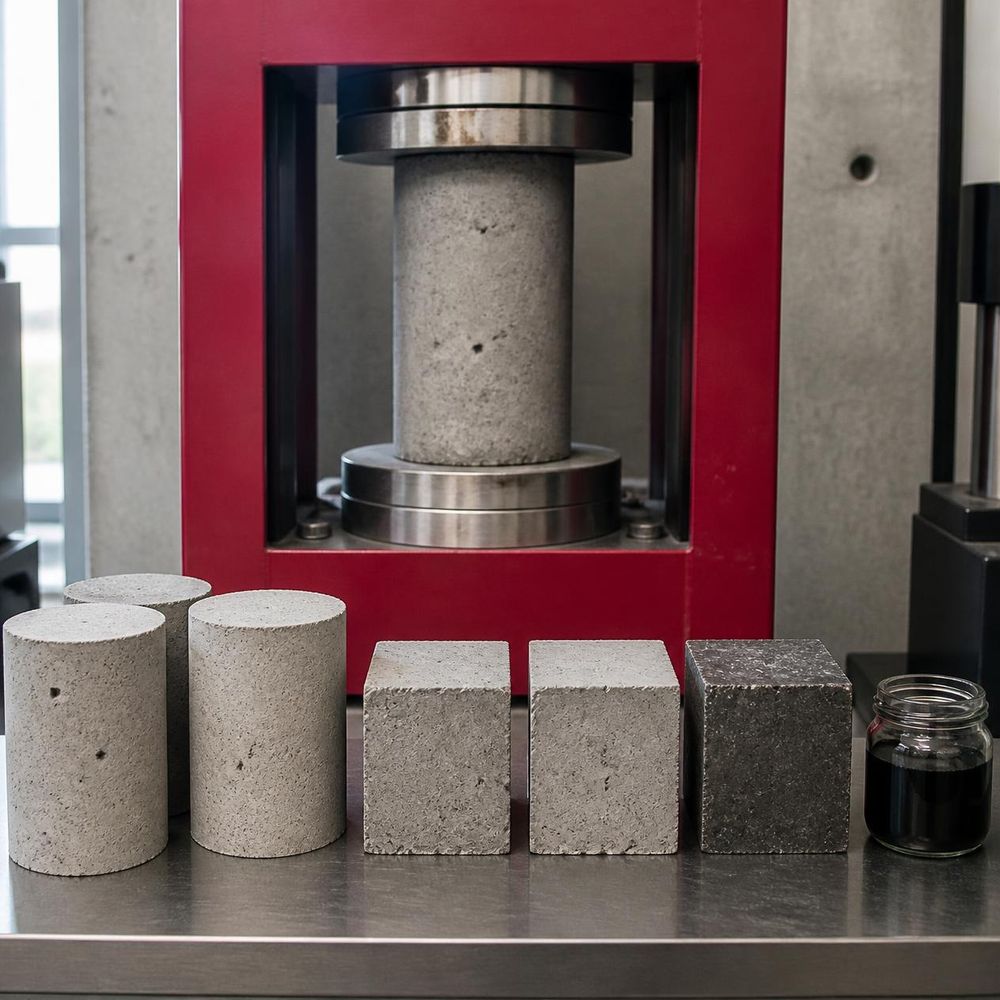 Concrete cylinder in a compression test machine