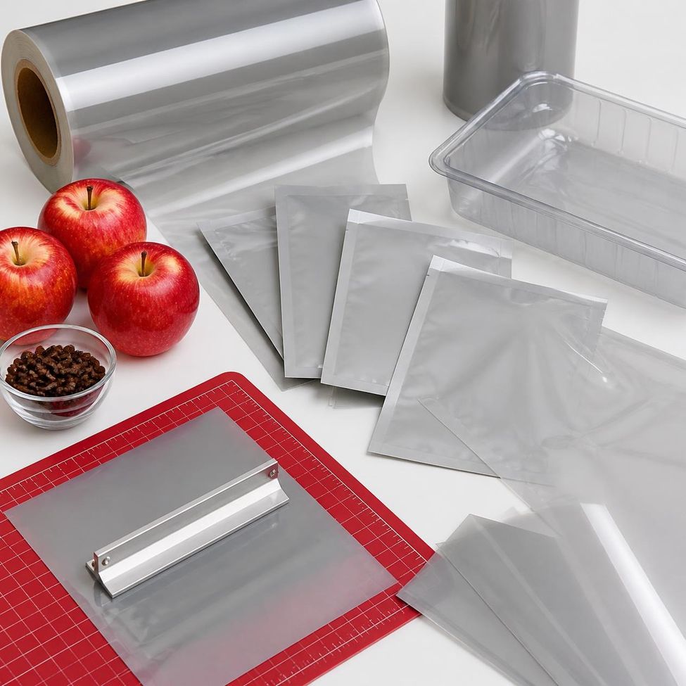 Plastic film and packaging samples in a lab