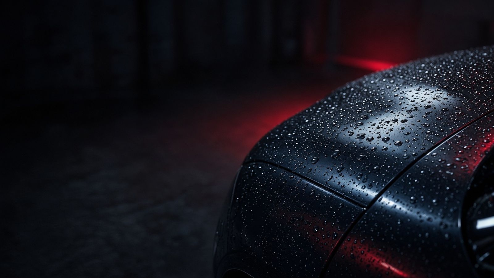 Graphen-Beschichtung für die Autopflege Wasserperlen auf einer dunklen Motorhaube mit graphenverstärkter Autopflege-Beschichtung