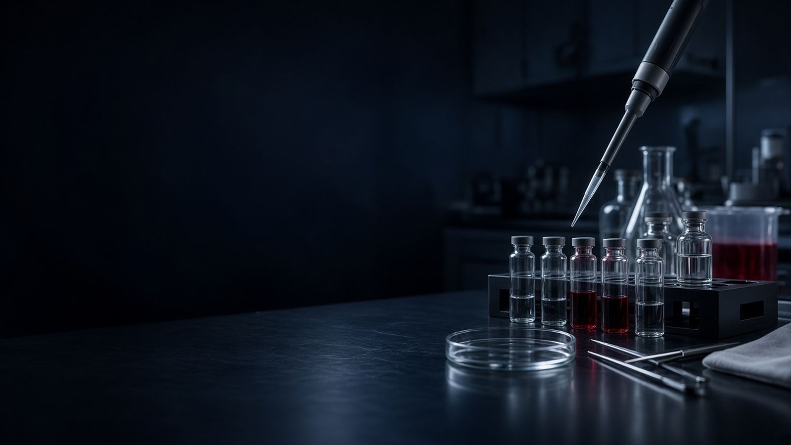 Mesa de laboratorio médico con viales de vidrio y una pipeta, investigación del grafeno en salud