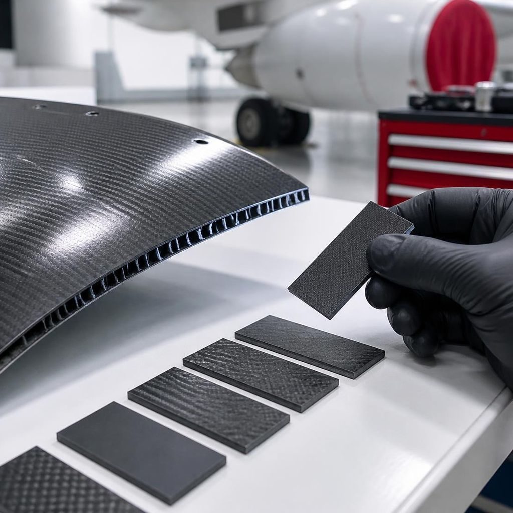Gloved hand holding a composite test coupon next to a curved carbon-fiber aircraft panel, airliner in background