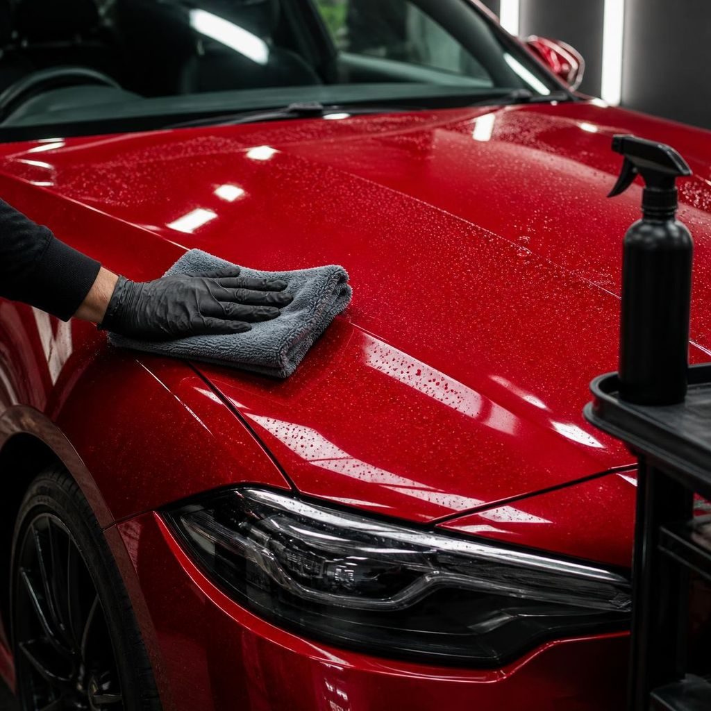 Water beading on a red car hood, with a gloved hand holding a microfiber cloth