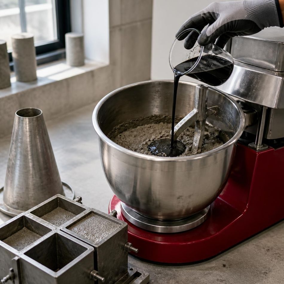 Black admixture being poured into concrete in a lab mixer, with a slump cone and cube molds