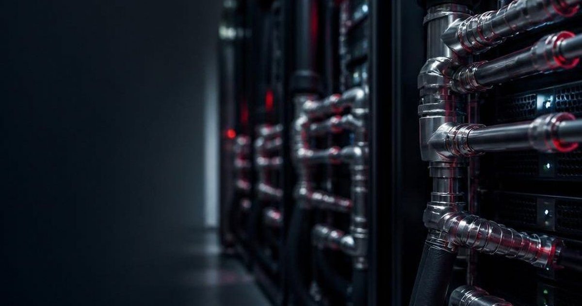 Liquid cooling pipes running along server racks in a dark data center aisle