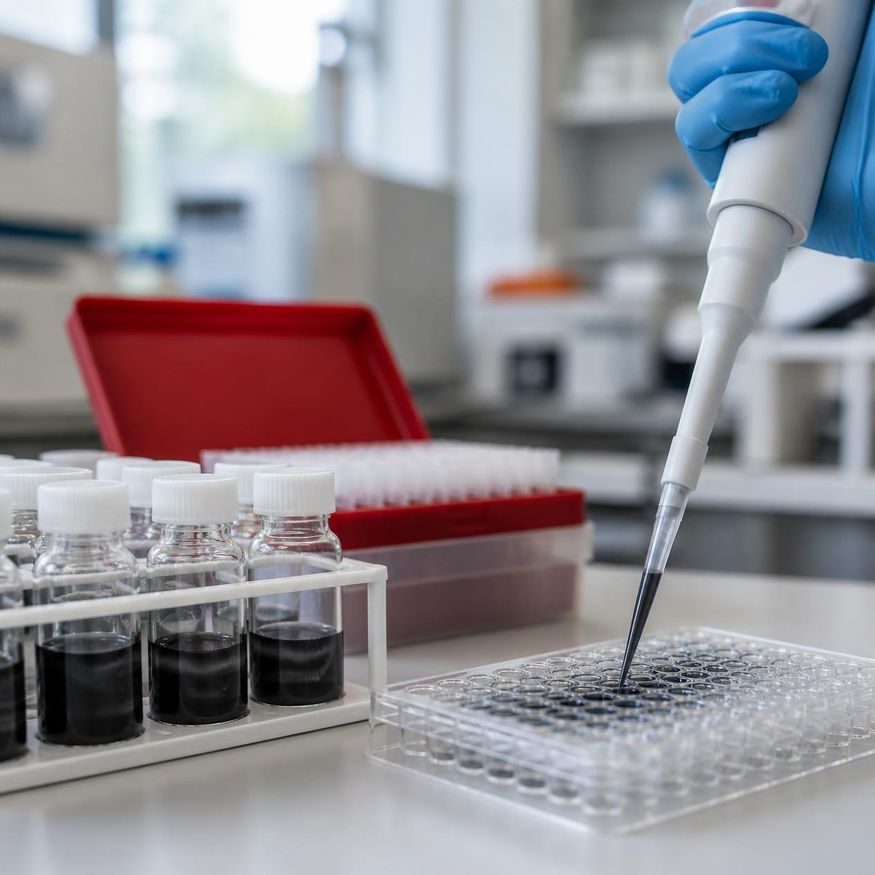 Gloved hand pipetting a dark dispersion into a multi-well plate, beside vials in a rack