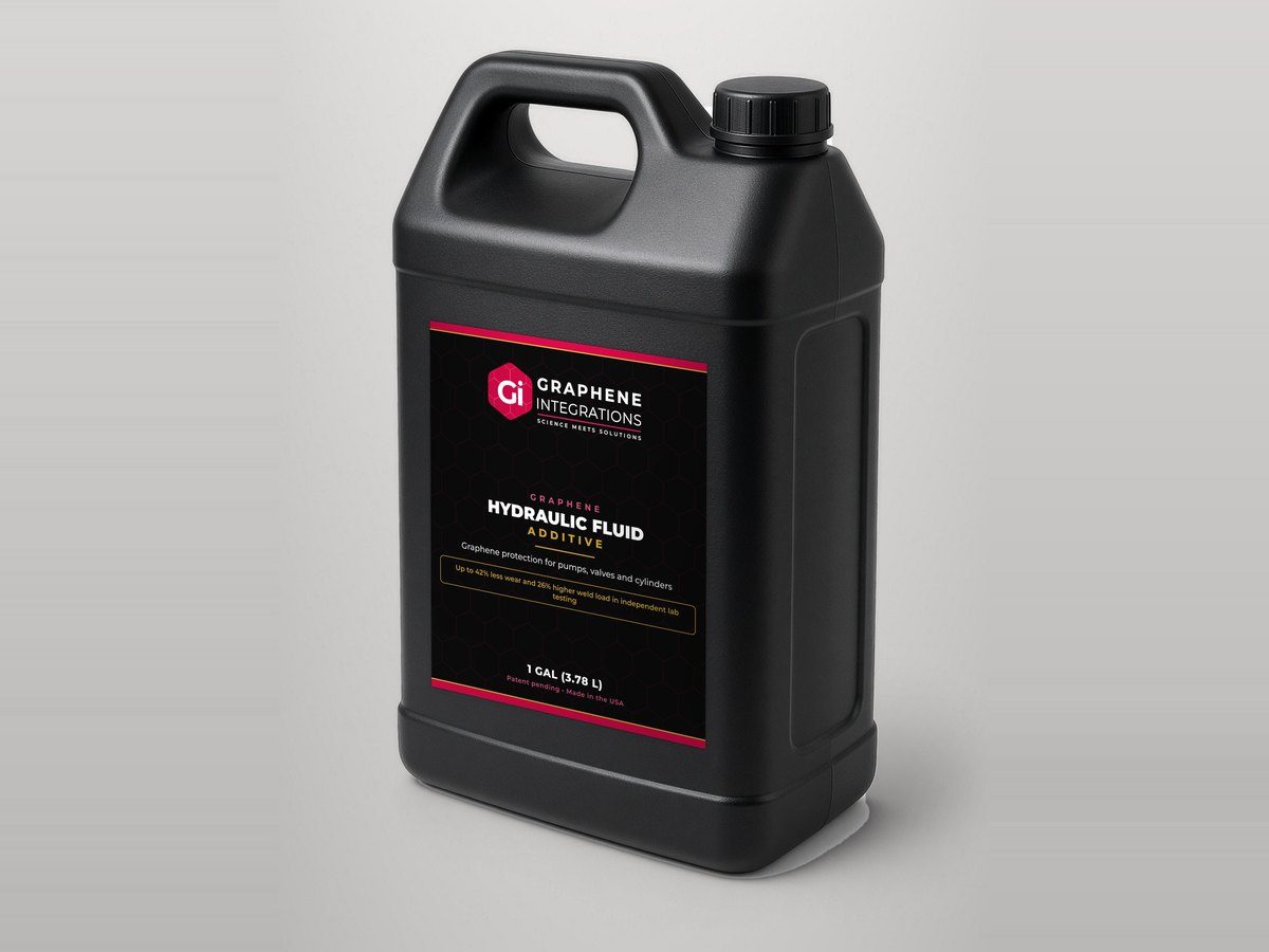 Graphene Hydraulic Fluid Additive in a black 1 gallon jug