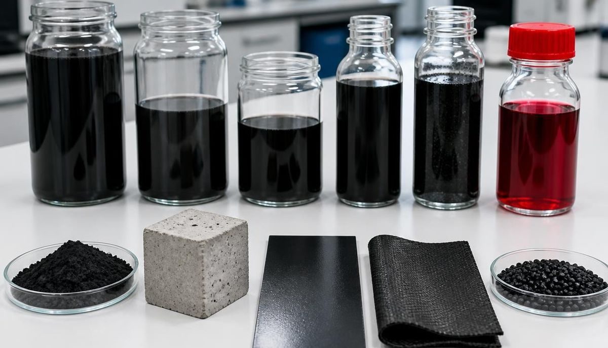 Jars of black graphene dispersion beside graphene powder, a concrete cube, a coated panel, fabric and polymer pellets