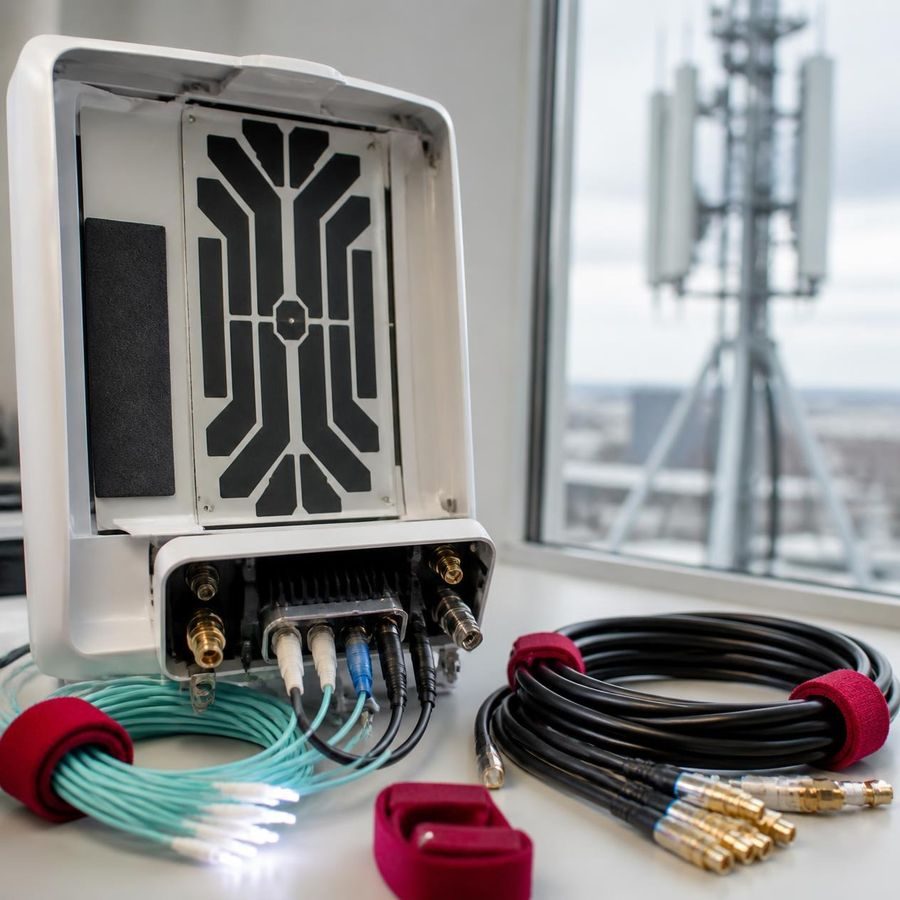 Small-cell antenna unit with fiber optic and coaxial cables, with a cell tower outside the window