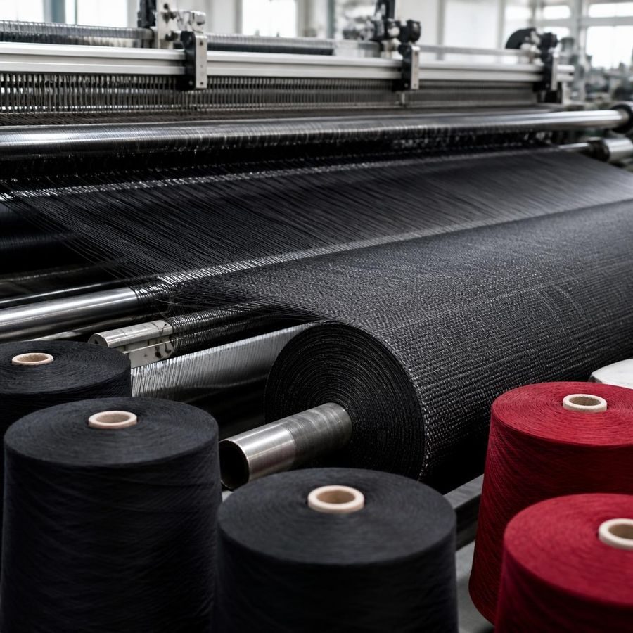 Loom weaving charcoal fabric, with black and red yarn cones