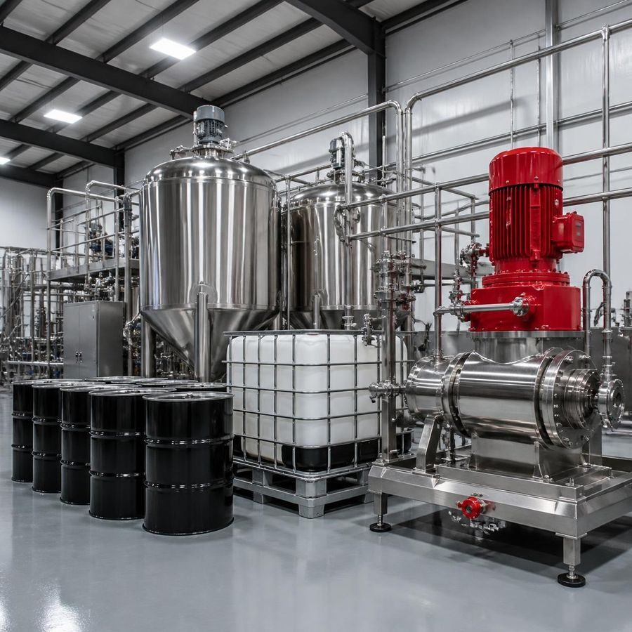 Production floor with stainless steel mixing tanks, a red-motor dispersion mill, drums and a bulk container