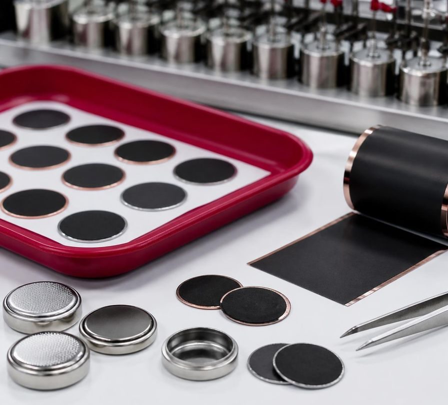Battery coin cells and electrode discs on a lab bench