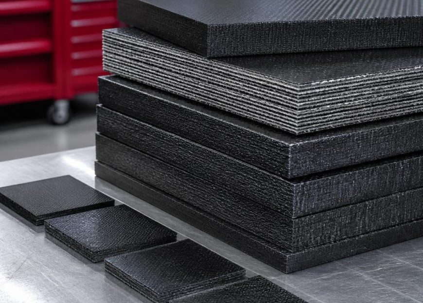 Stack of layered composite test panels and cut coupons on a cart