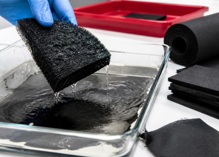 Gloved hand lifting a black absorbent sponge out of a tray of oily water