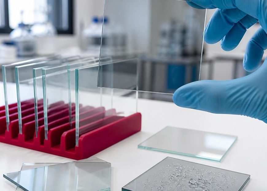 Gloved hand holding a glass test panel with water droplets, beside panels in a rack