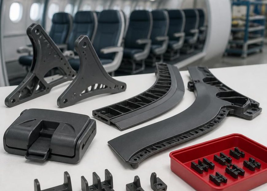 Molded polymer aircraft cabin parts laid out on a workbench, with cabin seats in the background