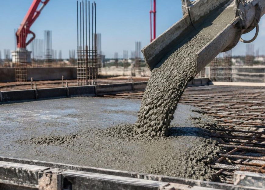 Concrete being poured into rebar formwork from a pump hose on a construction site