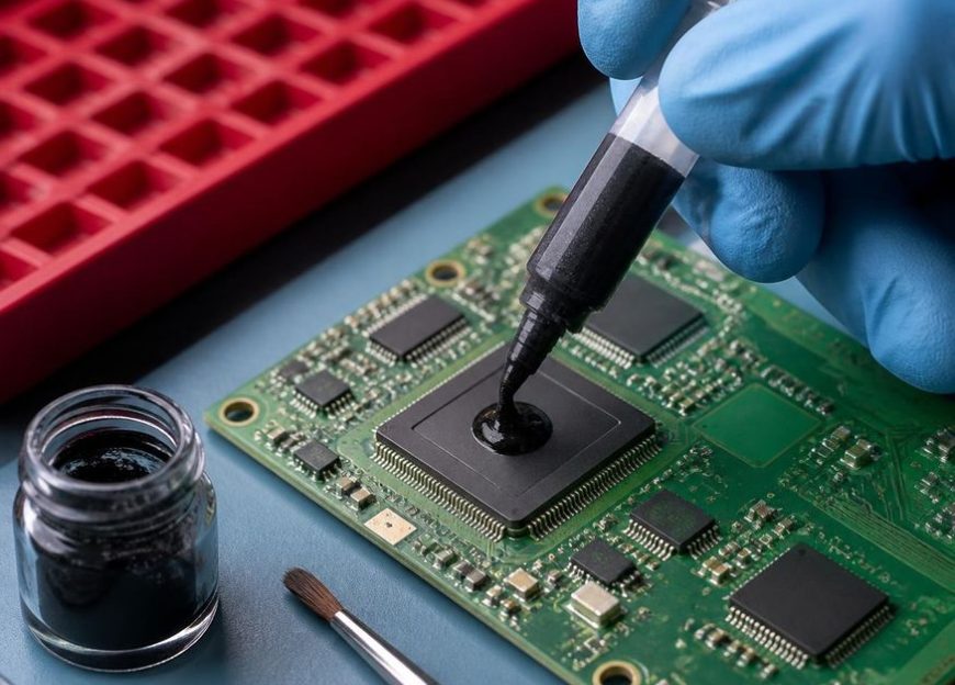 Gloved hand applying black thermal paste to a chip on a circuit board