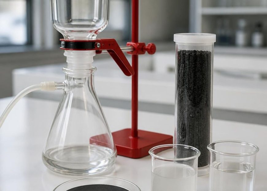 Lab vacuum filtration setup with a black filter media cartridge, a filter membrane and beakers of water