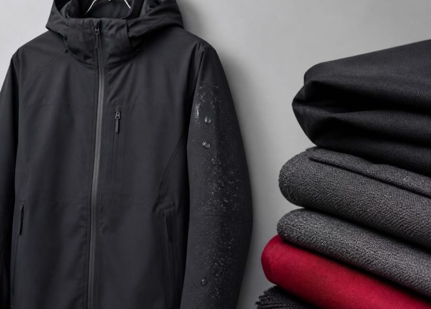 Charcoal technical jacket on a hanger beside folded fabric swatches