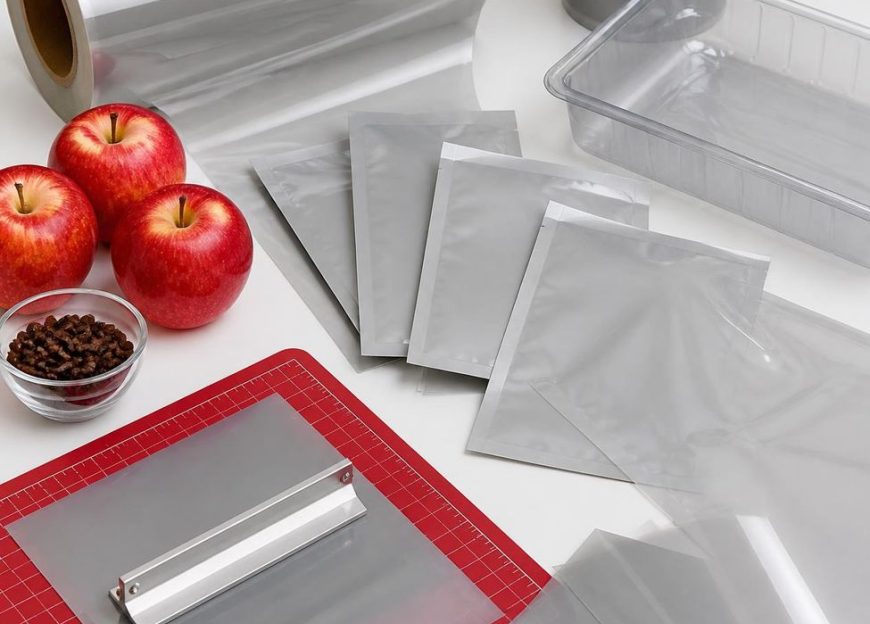 Coated packaging films and blank pouches beside apples and coffee beans