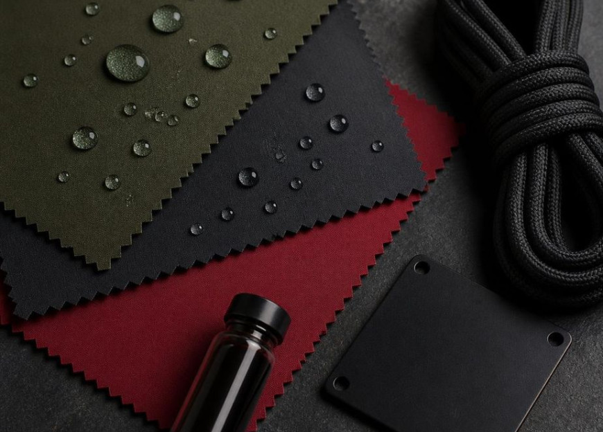Olive, charcoal and red outdoor fabric swatches with water beading, a coiled rope and a vial of black dispersion