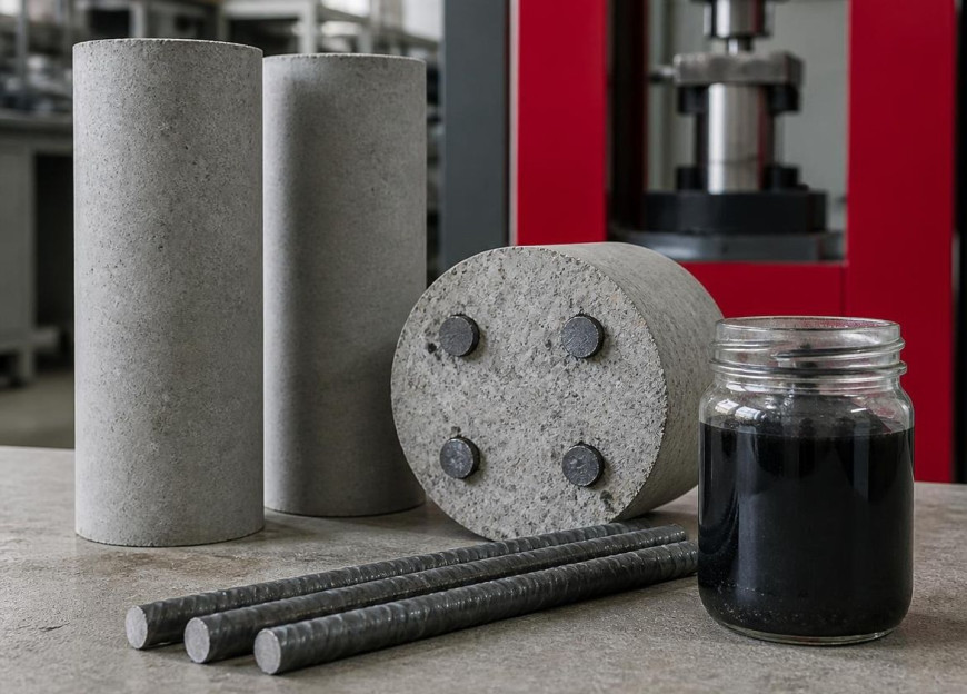 Concrete test cylinders, a concrete core with embedded rebar, rebar lengths and a jar of black graphene concentrate