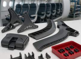 Molded polymer aircraft cabin parts laid out on a workbench, with cabin seats in the background