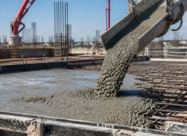 Concrete being poured into rebar formwork from a pump hose on a construction site