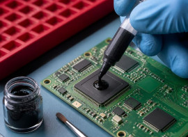 Gloved hand applying black thermal paste to a chip on a circuit board