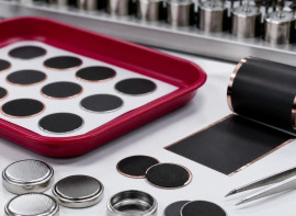 Coin cell batteries and electrode discs in a lab tray