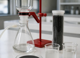 Lab vacuum filtration setup with a black filter media cartridge, a filter membrane and beakers of water