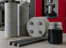 Concrete test cylinders, a concrete core with embedded rebar, rebar lengths and a jar of black graphene concentrate